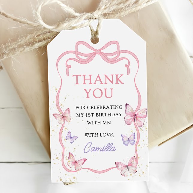Étiquettes-cadeau Purple Pink Bow Butterfly Girl Birthday Party (Créateur téléchargé)