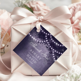 Étiquettes Cadeau Purple Rustic Tree Canopy Lights Mariage de bois