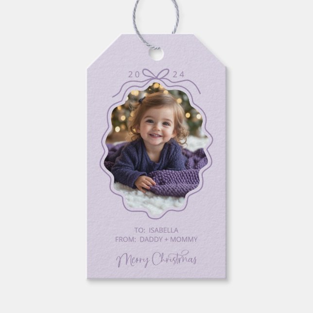 Étiquettes-cadeau Purple simple Bow photo Noël (Devant)