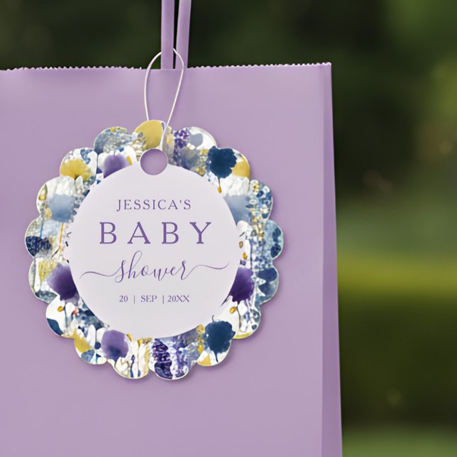 Étiquettes Cadeau Purple Yellow Watercolor Wildflower Baby Shower (Celebrate your mama-to-be moment in full bloom with this elegant wildflower design.)