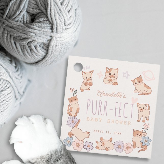 Étiquettes Cadeau Purr-fect Cute Cats Floral Girl Baby shower (Créateur téléchargé)