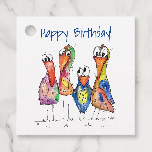 Étiquettes Cadeau Quatre Beaux Oiseaux Whimsical Colorés (Devant)