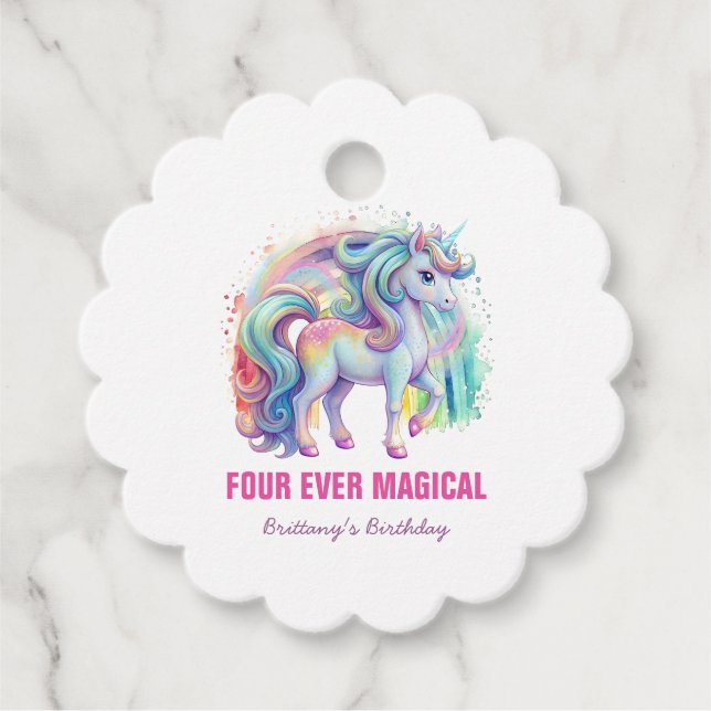 Étiquettes Cadeau Quatre Jours Magique Pastel Unicorn Quatrième Anni (Devant)