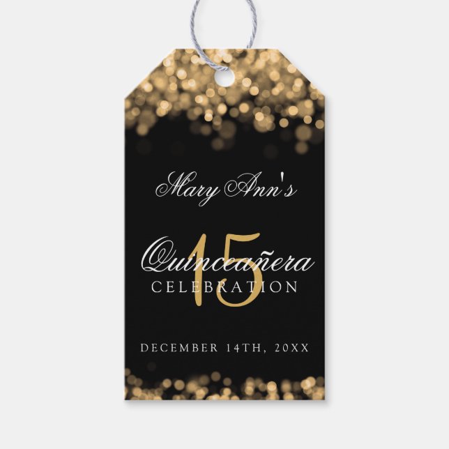 Étiquettes-cadeau Quinceanera 15e anniversaire fête Lumières or (Devant)