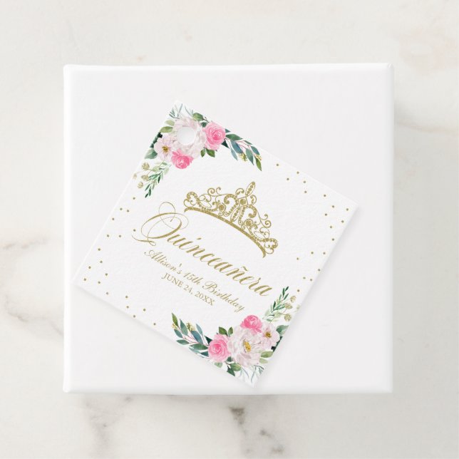 Étiquettes Cadeau Quinceanera à fleurs roses chaudes (En situation)
