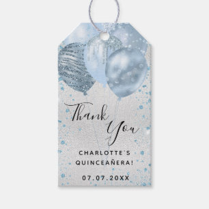 Étiquettes-cadeau Quinceanera argent bleu parties scintillant ballon