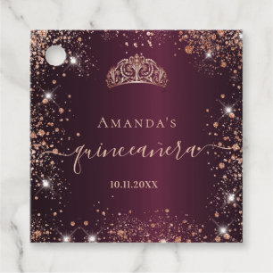 Étiquettes Cadeau Quinceanera Bourgogne rose or tiara merci