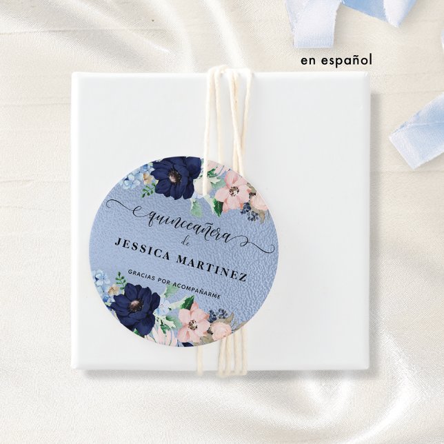 Étiquettes Cadeau Quinceañera con Flores Azul y Rosa, Aluminio Azul (Créateur téléchargé)