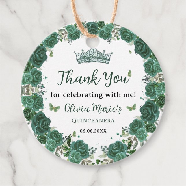 Étiquettes Cadeau Quinceañera Emerald Green Floral Butterflies Tiara (Devant)