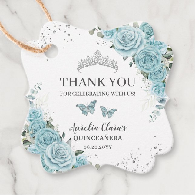 Étiquettes Cadeau Quinceanera Florale Turquoise Douce 16 papillons (Devant)