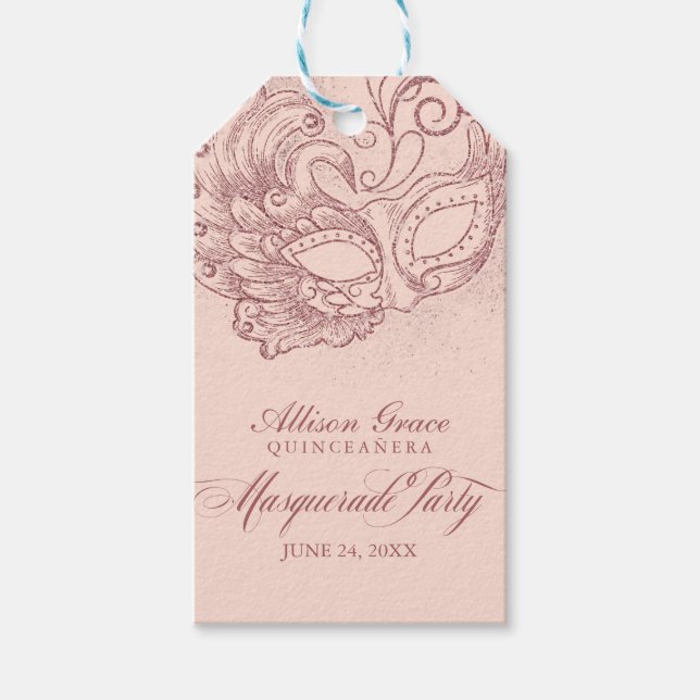 Étiquettes-cadeau Quinceanera Masquerade Party Rose or rose (Devant)
