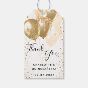 Étiquettes-cadeau Quinceanera or blanc parties scintillant ballon me