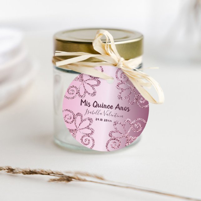 Étiquettes Cadeau Quinceanera Parties scintillant rose métal 15e ann (Créateur téléchargé)