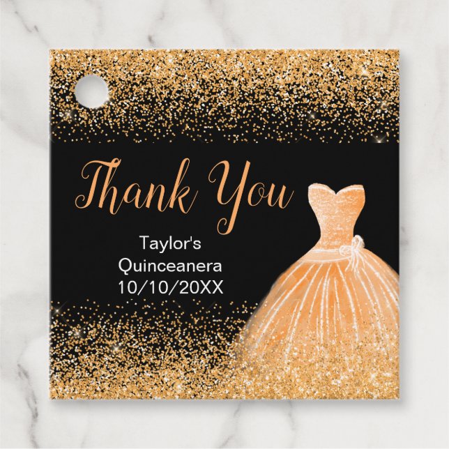 Étiquettes Cadeau Quinceanera Peach Orange Robe Faux Parties scintil (Devant)
