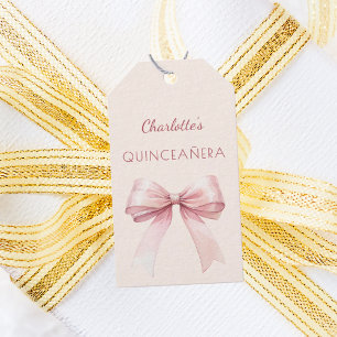Étiquettes-cadeau Quinceanera rose pâle noeud ivoire DIY