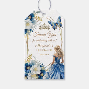 Étiquettes-cadeau Quinceañera Royal Blue Gold Tiara Floral Princesse