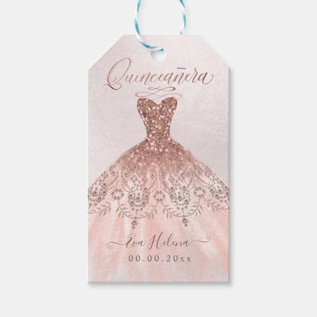 Étiquettes-cadeau Quinceañera, Sparkle Gown, Faux Rose Gold (Devant)
