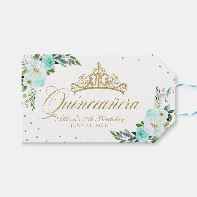 Étiquettes-cadeau Quinceanera turquoise (Devant (Horizontal))