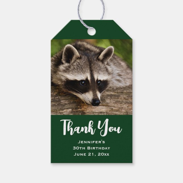 Étiquettes-cadeau Raccoon mignon reposant sur un Merci de journal (Devant)