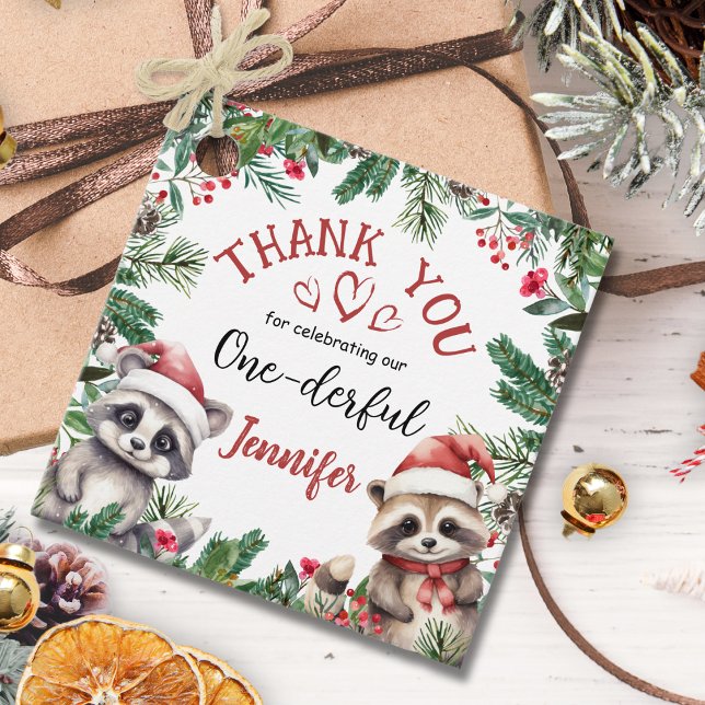 Étiquettes Cadeau Raccoon Noël 1er anniversaire Merci Favoriser (Créateur téléchargé)