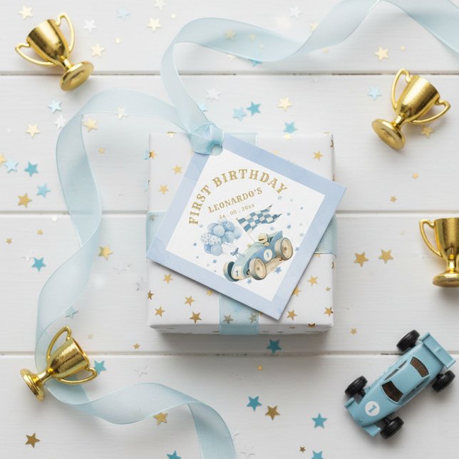 Étiquettes Cadeau Race Car Blue Watercolor Boy First Birthday (Créateur téléchargé)
