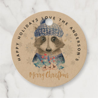 Étiquettes Cadeau Racoon Noël WAtercolor Bleu rouge mignonne Cadeaux