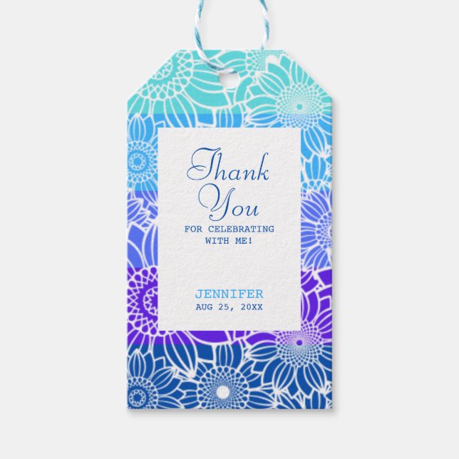 Étiquettes-cadeau Rainbow Blue Stripes Floral Anniversaire Merci (Devant)