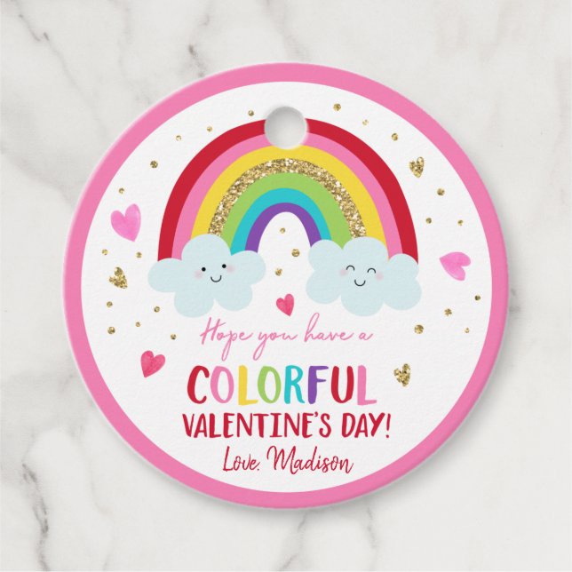 Étiquettes Cadeau Rainbow Pink Gold Hearts Saint-Valentin (Devant)