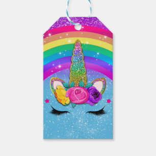Étiquettes-cadeau Rainbow Sparkle Glittery Unicorn Horn Face Party