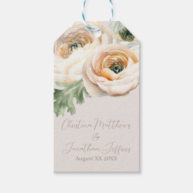 Étiquettes-cadeau Ranunculus Romantique aux Pêches sur Fond Ivoire (Devant)