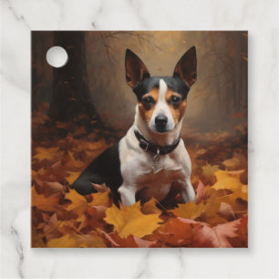Étiquettes Cadeau Rat Terrier dans les feuilles d'automne qui tomben