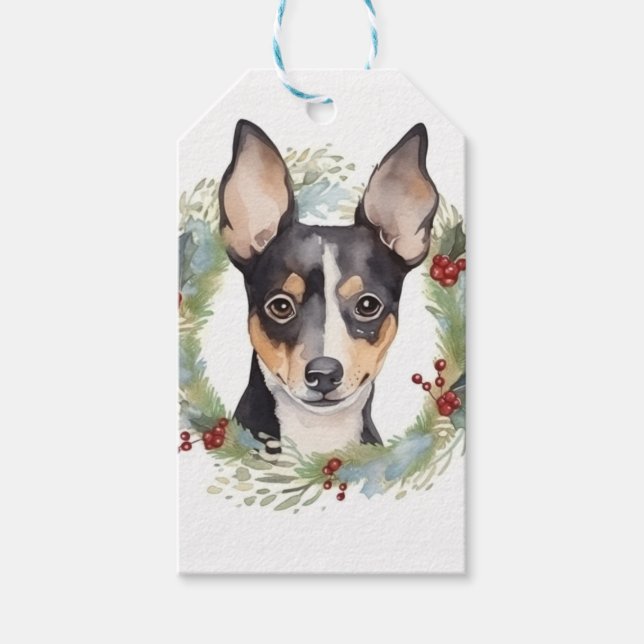 Étiquettes-cadeau Rat Terrier Fête de Noël Wreath Pup (Devant)