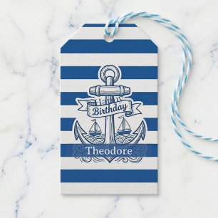 Étiquettes-cadeau Rayures Nautiques Anniversaire Ancre