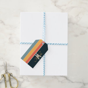 Étiquettes-cadeau Rayures roses et bleues marines monogrammées Rétro