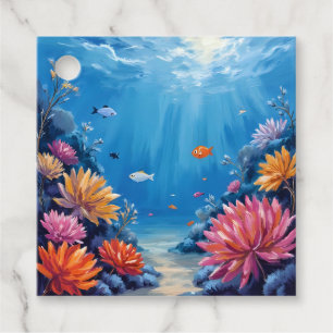 Étiquettes Cadeau Récif de corail sous la peinture de l'océan marin
