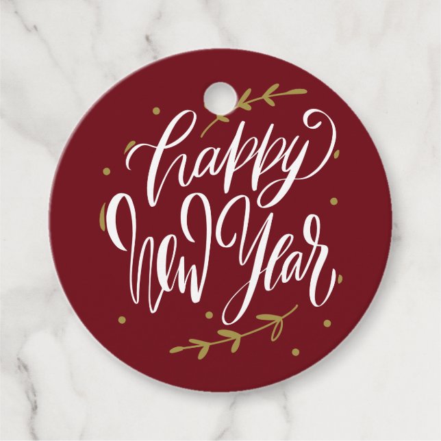 Étiquettes Cadeau Red and Gold Happy New Year Calligraphy Wreath (Devant)