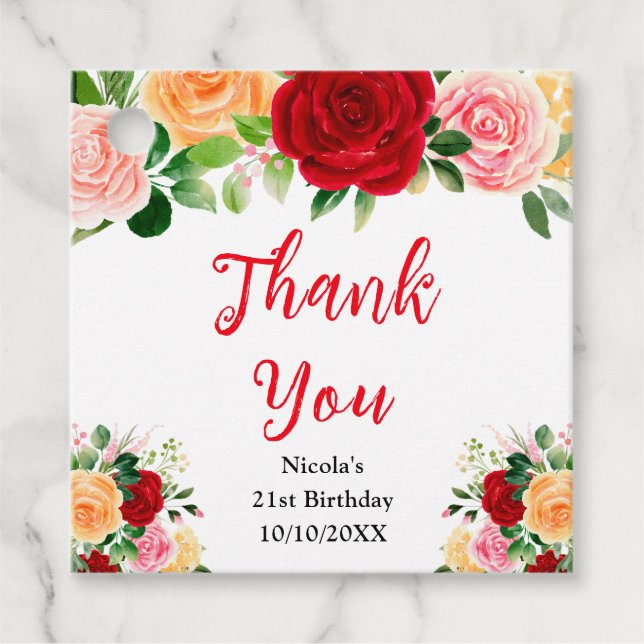 Étiquettes Cadeau Red and Orange Roses Birthday Thank You (Devant)