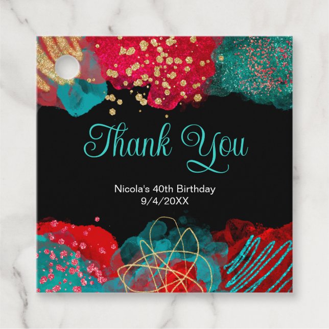 Étiquettes Cadeau Red and Teal Blue Alcohol Ink Birthday Party (Devant)