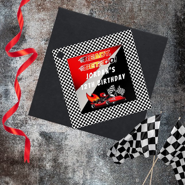 Étiquettes Cadeau Red | Black Go Kart Racing Anniversaire (Red and Black Go Kart Racing Kid's Birthday "Ready, Set, Go!" Favor Tags)