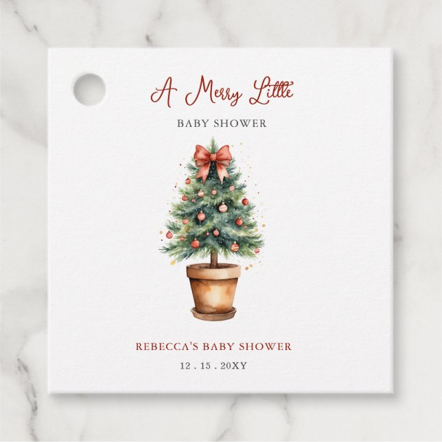 Étiquettes Cadeau Red Bow Christmas Tree Joyeux petit Baby shower (Devant)