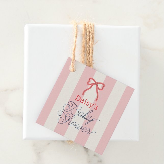 Étiquettes Cadeau Red Bow & Pink Stripes Baby Shower (En situation)
