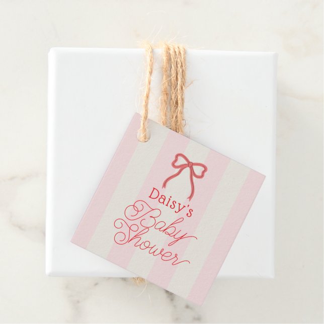 Étiquettes Cadeau Red Bow & Pink Stripes Baby Shower (En situation)