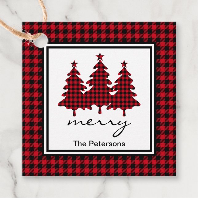 Étiquettes Cadeau Red Buffalo Check Pine Trees Personnalisé (Devant)