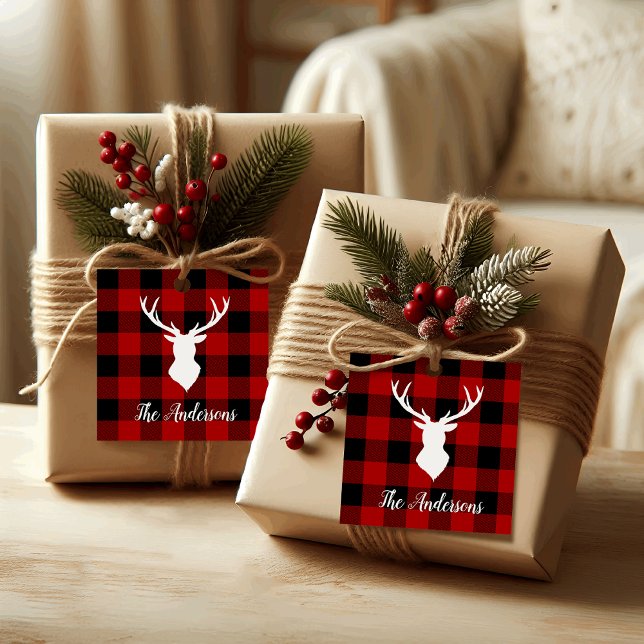 Étiquettes Cadeau Red Buffalo Plaid & Deer | Nom personnel Cadeau (Créateur téléchargé)