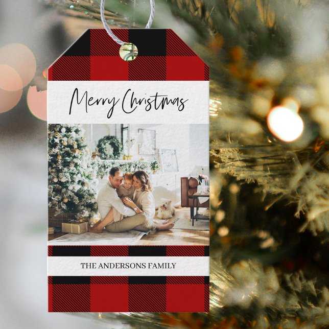 Étiquettes-cadeau Red Buffalo Plaid & Joyeux Noël Avec Photo Gif (Créateur téléchargé)