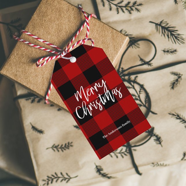 Étiquettes-cadeau Red Buffalo Plaid & Joyeux Noël |Nom personnel (Créateur téléchargé)