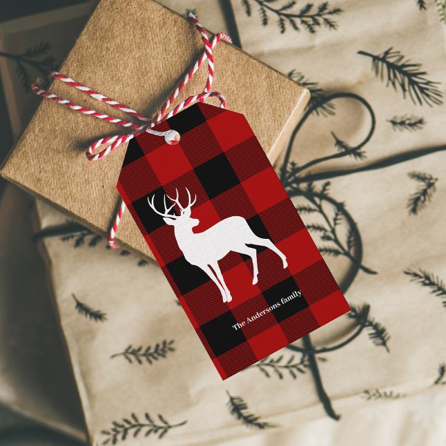 Étiquettes-cadeau Red Buffalo Plaid & White Deer | Nom personnel (Créateur téléchargé)