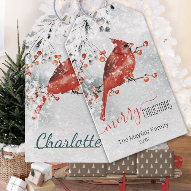 Étiquettes-cadeau Red Cardinal Snowy Ilex Berries Joyeux Noël (Red Cardinal Snowy Ilex Berries Merry Christmas Holiday Gift Wrapping Name Tag)