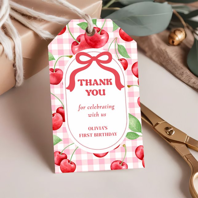 Étiquettes-cadeau Red Coquette Bow Cherry Première fête d'anniversai (Créateur téléchargé)