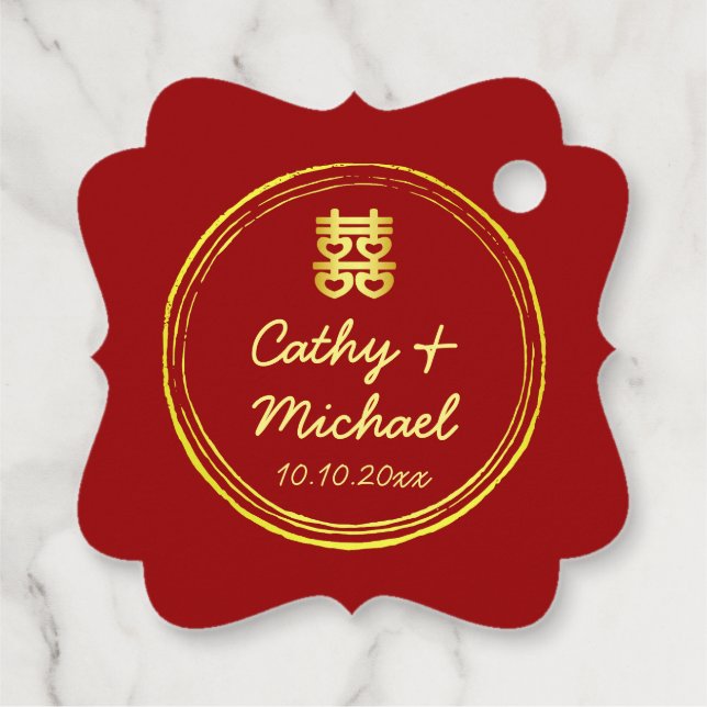 Étiquettes Cadeau Red Couple photo logo timbre pour mariage chinois (Dos)